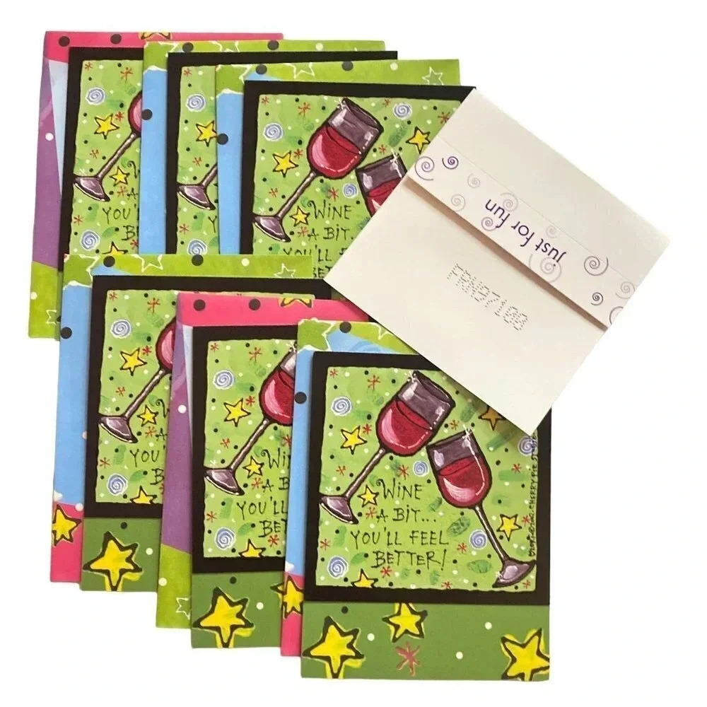 JUST FOR FUN Vintage 6/pk Note Cards Leanin' Tree Lori Wiseman Wine Glasses‎ NOS